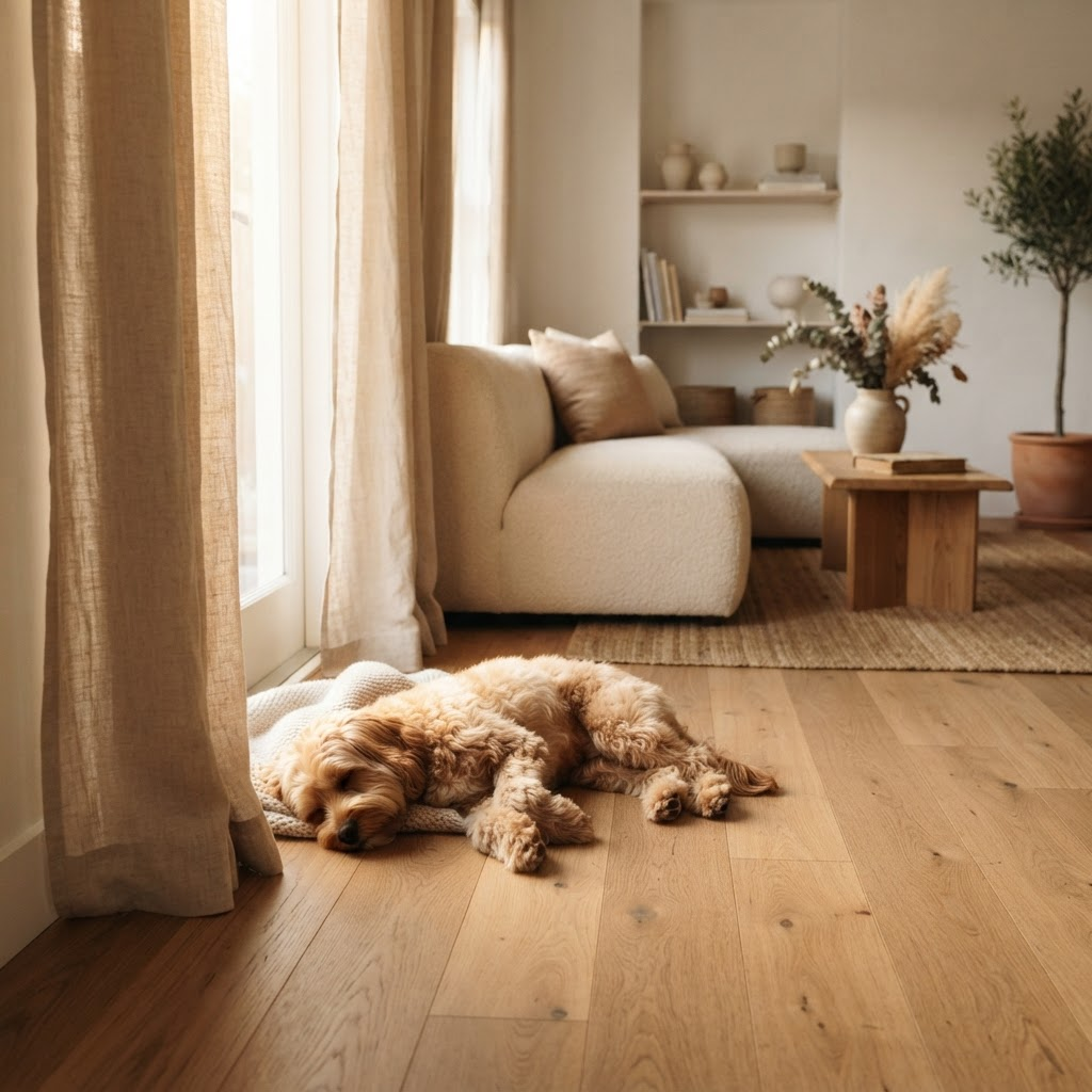 A pet resting peacefully on clean floors in a warm, sunlit home